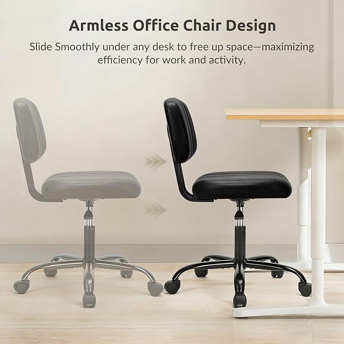 Swivel Rolling Office Chair, Armless Pu Leather Vanity Chair with Back Lumbar Support Height Adjustable Computer Chair, Small Desk Chair for Home Office, Black