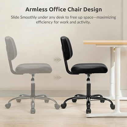 Swivel Rolling Office Chair, Armless Pu Leather Vanity Chair with Back Lumbar Support Height Adjustable Computer Chair, Small Desk Chair for Home Office, Black