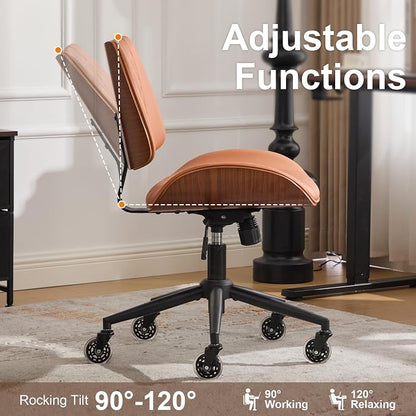 Armless Office Chair with Wheels, Ergonomic Leather Chair, Mid Back 360 Swivel Computer Chair, Modern Walnut Desk Chair for Small Space, Reading, Meeting Room, Brown, Faux Leather