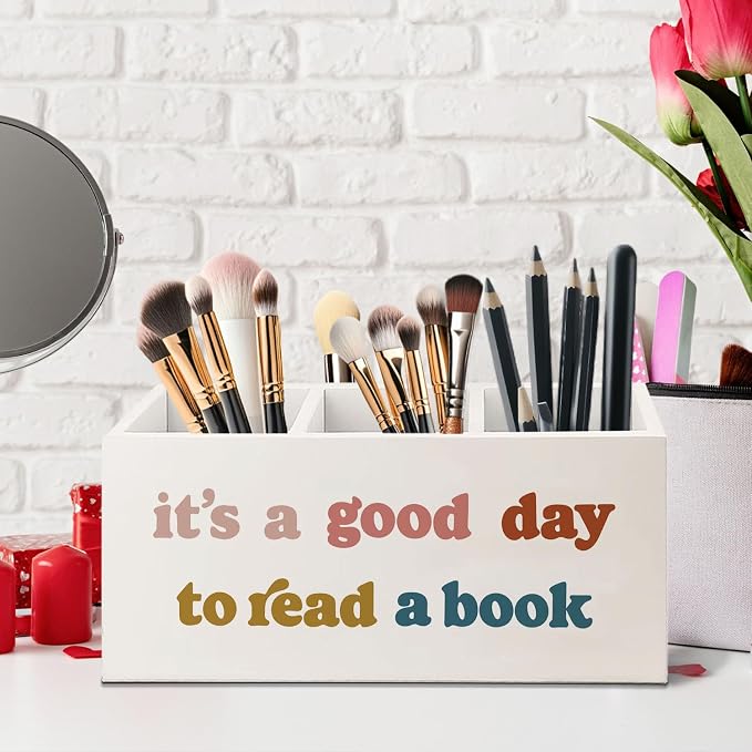 Bookmark Holder Decor Wooden Pen Pencil Holder for Desk, Book Club Gifts It's a Good Day to Read a Book Wood Makeup Brush Toothbrush Organizer for Reading Corner Room Library