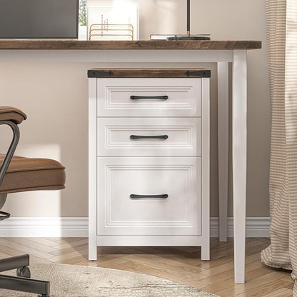 Vabches 3 Drawer Vertical File Cabinet, Wood Farmhouse Filing Cabinet Fits A4/Letter Size, Under Desk Small File Cabinets Printer Stand with Storage for Home Office, White and Brown