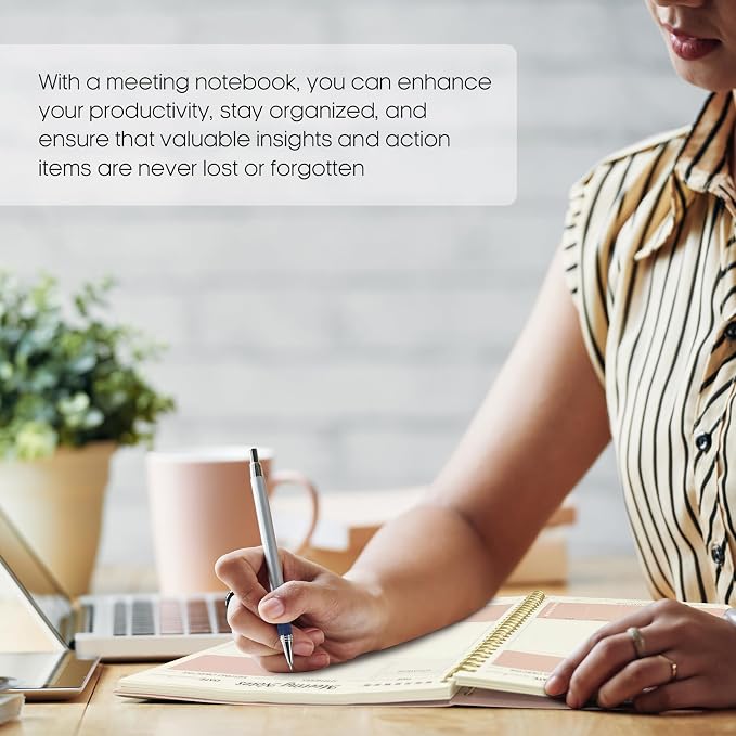 Meeting Notebook for Work Organization - Work Planner Notebook with Action Items, Agenda Planner for Note Taking, 160 Pages (6.9" X 9.9") Project Organizer for Men & Women - Pink