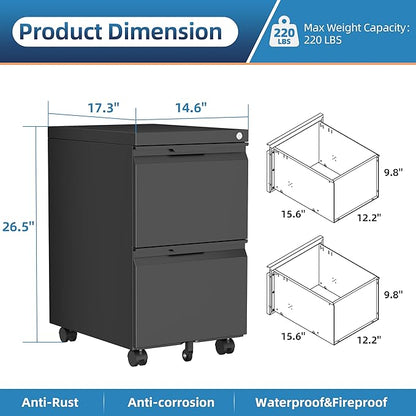 2 Drawer Mobile File Cabinet with Lock, Metal Small Filing Cabinets for Home Office Organizer,Rolling Filing Cabinets Under Desk Storage for Letter/Legal/A4,Assembly Required,Black
