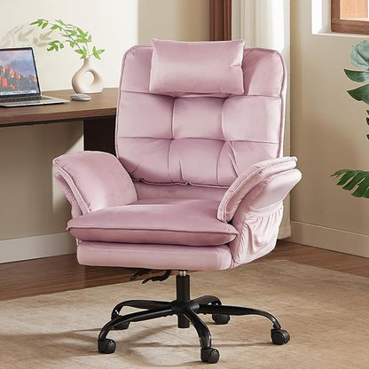 Bestier Criss Cross Chair with Flip-Up Armrests and Headrest, 135° Reclining Swivel Executive Chair with Side Pockets, Big and Tall Computer Desk Chair for Home Office Bedroom, Pink Velvet