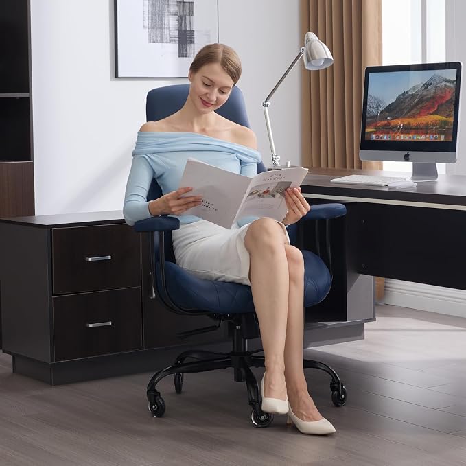 Office Chair with Rubber Wheels, Ergonomic Computer Chair 500 lbs, Leather Desk Chair with Lumbar Support, Executive Chair Adjustable Height & Recline, Blue | Ergonomic, Lumbar Support, 360° Swivel & Rolling Wheels, Adjustable Height, for Adults & Women