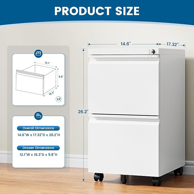 PEUKC 2 Drawers Mobile File Cabinet with Lock, Under Desk Rolling File Cabinet for Home Office, Organizes Letter Legal A4 Files, White(Pre-Assembled)