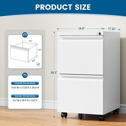 PEUKC 2 Drawers Mobile File Cabinet with Lock, Under Desk Rolling File Cabinet for Home Office, Organizes Letter Legal A4 Files, White(Pre-Assembled)