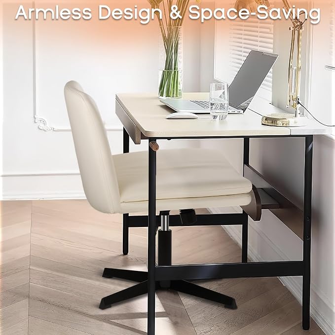 PUKAMI Criss Cross Chair,Comfy Cross Legged Office Desk Chair No Wheels,Modern Fabric Swivel Adjustable Height Mid Back Wide Seat for Home Office Computer (Pu Beige)