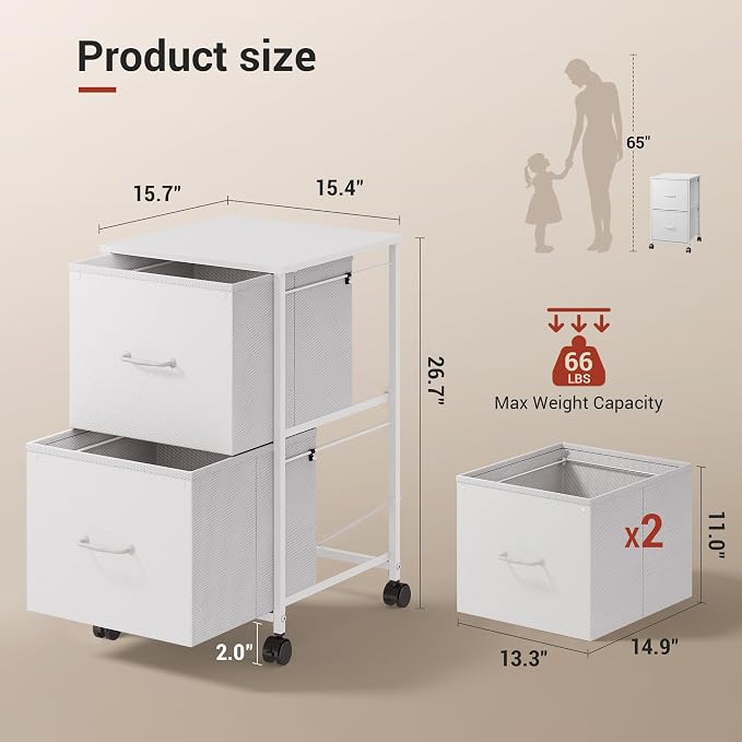 DEVAISE 2 Drawer Mobile File Cabinet, Rolling Printer Stand with Open Storage Shelf, Fabric Vertical Filing Cabinet fits A4 or Letter Size for Home Office, White