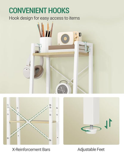 Hzuaneri Ladder Shelf, Bookshelf Bookcase, Freestanding Corner Storage Shelve with 2 Hooks for Home Office, Living Room, Kitchen, Bedroom, Industrial, 11.8" D x 13.4" W x 47.2" H, White Oak and White