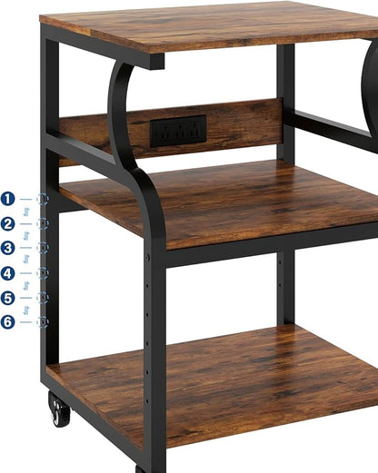 Natwind Large 3-Tier Rolling Printer Cart with Adjustable Shelf, 24”x20” Mobile Stand for Heat Press, 3D Printer, Home Office Multifunctional Shelves with Locking Wheels (Retro)