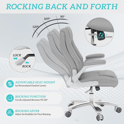 lavimiya Executive Office Chair with Rubber Wheels, Big and Tall Office Chair 400LBS, High Back Leather Computer Desk Chair with Flip-up Armrests and Lumbar Support, Grey