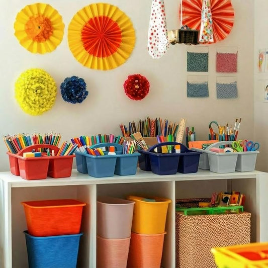 Kathfly 4 Pack Classroom Caddy Organizer with Handle, Plastic Art Craft Cleaning Caddy Bulk, Small Multipurpose Supply Organization Storage Basket for Table Desk Office Pencil Teacher (Blue Orange)