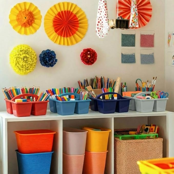 Kathfly 12 Pack Classroom Caddy Organizer with Handle, Plastic Art Craft Cleaning Caddy Bulk, Small Multipurpose Supply Organization Storage Basket for Table Desk Office Pencil Teacher (Blue Orange)