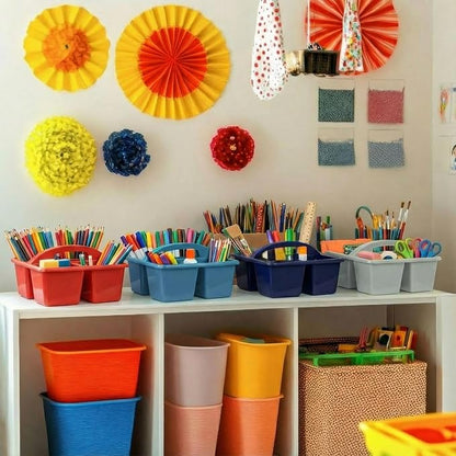 Kathfly 12 Pack Classroom Caddy Organizer with Handle, Plastic Art Craft Cleaning Caddy Bulk, Small Multipurpose Supply Organization Storage Basket for Table Desk Office Pencil Teacher (Blue Orange)