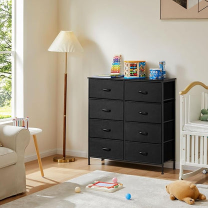 DUMOS 8 Drawer Dresser for Bedroom, Fabric Storage Organizer with Sturdy Metal Frame, Wooden Top Chest of Drawers for Closet Entryway Guest Room,Matte Black