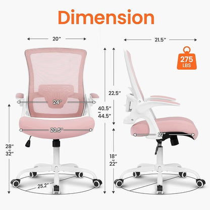 NEO CHAIR Office Chair High Back Desk Mesh Chair Comfy Computer Gaming Seat with Adjustable Ergonomic Lumbar Rolling Flip-up Armrests and Wheels (Pink)