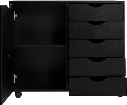 Naomi Home Under Desk Rolling Office File Cabinet with 5 Drawers & Side Storage Cabinet, Mobile Organizer with Shelves & Swivel Casters for Home Office - Black