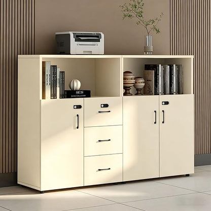 File Cabinet with Password Lock, Wood Lateral Filing Cabinet for Letter/A4 Files, 3 Drawer with Door, Printer Stand with Open Shelves for Home Office