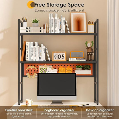 Brakki Desk Shelf, Desk Hutch Bookshelf, Desktop Shelf with Pegboard, Black | L35.43", 2 Tier Bookcase, for Computer Monitor, Metal Desktop Hutch, Storage Organizer for Dorm Home Office