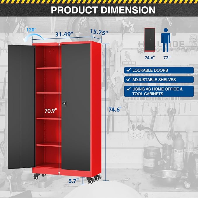 Fesbos Metal Rolling Storage Cabinet-74.6” Tall Steel File Cabinets with Wheels Lockable Doors and Adjustable Shelves-Black & Red Steel Storage Cabinet for Home, School, Office, Garage