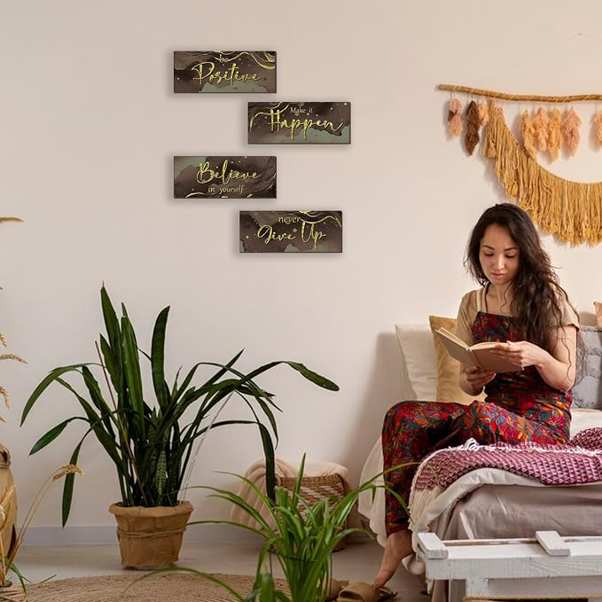 FENCORDAR 4 Piece Brown and Gold Wall Decor Set Motivational Wall Decor Inspirational Wooden Signs for Bedroom Bathroom Women’s Office Abstract Elegant Art for Home or Office Decoration 10X4 Inches