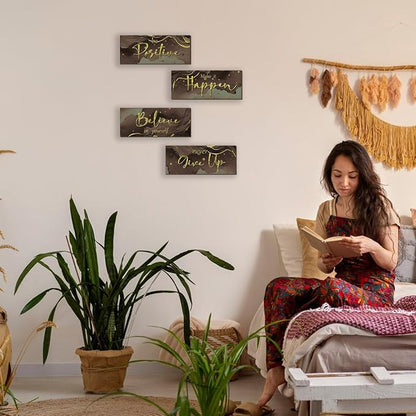 FENCORDAR 4 Piece Brown and Gold Wall Decor Set Motivational Wall Decor Inspirational Wooden Signs for Bedroom Bathroom Women’s Office Abstract Elegant Art for Home or Office Decoration 10X4 Inches