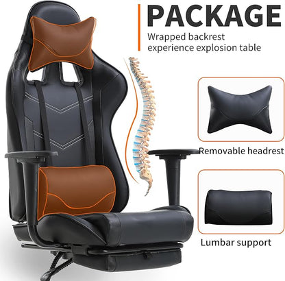 BestOffice | Ergonomic Gaming Chair | Black | Reclining Computer Chair with Lumbar Support, Headrest Pillow, Adjustable Footrests | 360 Swivel with Heavy Duty Wheels | for Home & Office