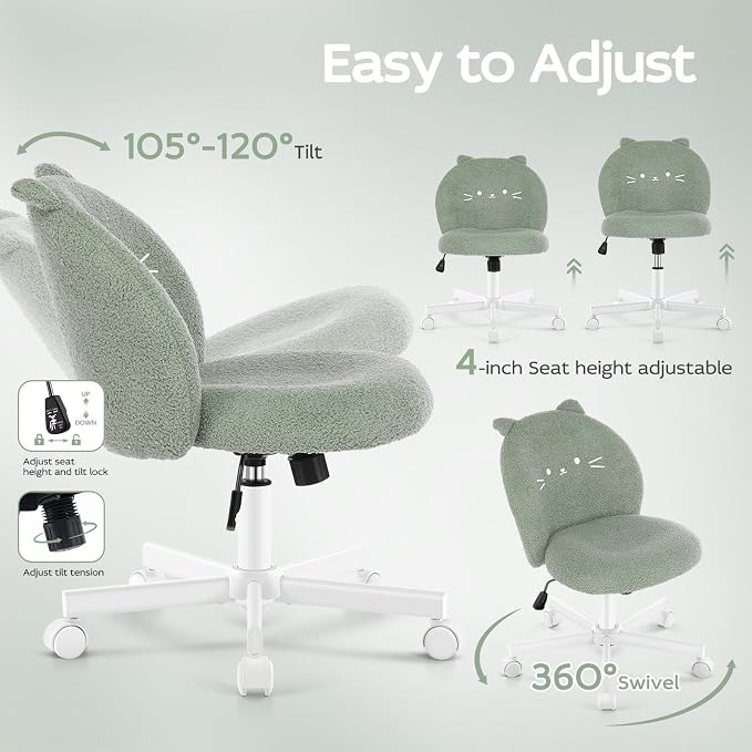 Vanity Chair with Cat Back,Armless Desk Chair Cute Small Office Chair,Teddy Fabric Computer Chair with Adjustable Height,120°Tilting,Rolling,Swivel for Vanity,Kids Room,Office,Bedroom Green