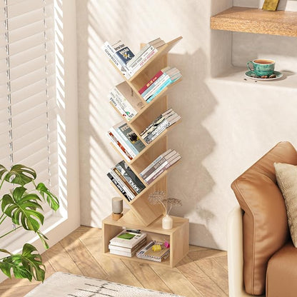 SHEEPAM 9 Tier Tree Bookshelf,Christmas Green Bookcase for Narrow Space, Storage Organizer Floor Standing Bookshelves for Books, Tall Book Case for Home Office, Living Room, Bedroom