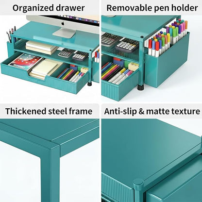 ECOLOVI Desk Organizer and Accessories, 2-Tier Computer Monitor Stand Rise with Storage Drawer & 2 Pen Holders, Laptop & Printer Stand for Desktop, Workspace Organizers for Office Supplies (Blue)