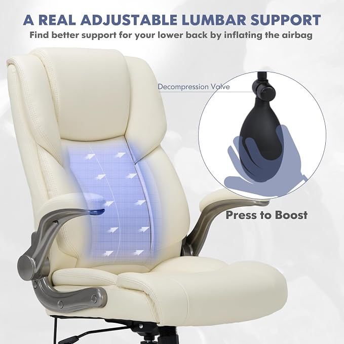 COLAMY Leather Executive Office Chair- High Back Home Computer Desk Chair with Padded Flip-up Arms, Adjustable Tilt Lock, Swivel Rolling Ergonomic Chair for Adult Working Study-Lvory, Set of 2