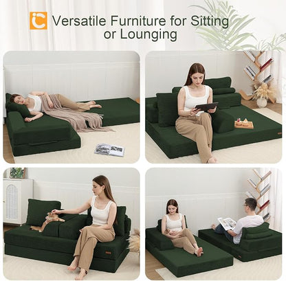 COMAX Futon Sofa Bed, Convertible Folding Sofa Bed, Boneless Couch Loveseat Corduroy with Pillows, Small Foldable Floor Couch Comfy Lounge Sleeper for Living Room Bedroom, Green