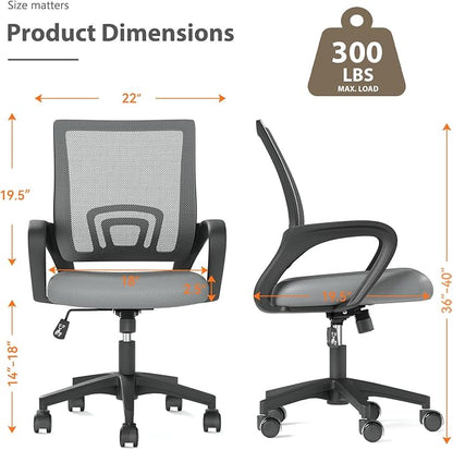 OS MOTOR Home Office Chair, Ergonomic Mid-Back Mesh Desk Chair with Lumbar Support, Adjustable Swivel Rolling Design, Comfy Armrest for Work, Study, Gaming, Vanity (Light Gray, Single Chair)
