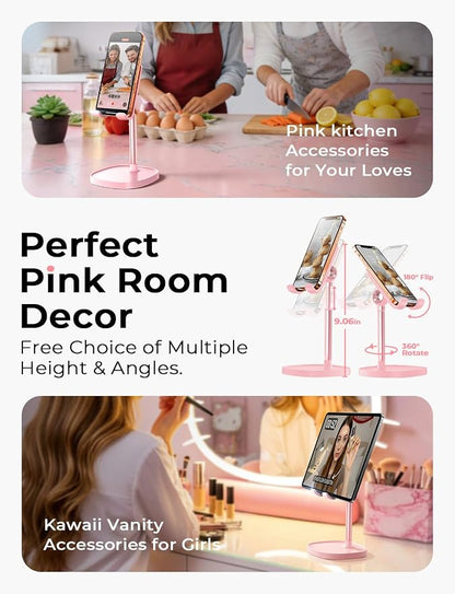 LISEN Phone Stand for Desk, iPhone Holder for Desk Offices Accessories | Vanity Decor, Cute Design, Pink Gifts Gadgets, Pink Bathroom Living Dorm Room Essentials Decor, iphone stand for desk