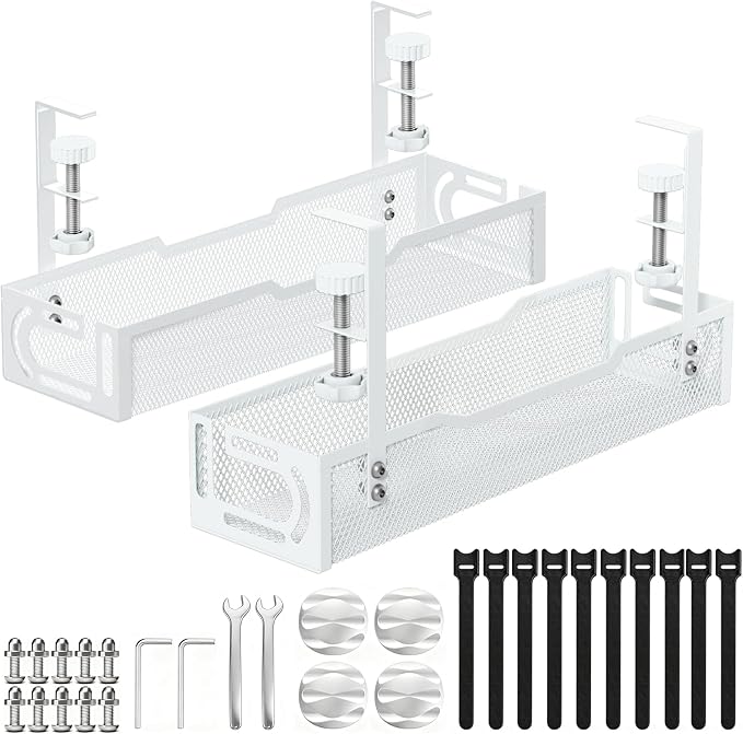 2Pack Under Desk Cable Management Tray, No Drill Mesh Desk Cable Tray, Wire Management Tray Cable Management Rack, Wire Organizer and Cable Management Box (White)