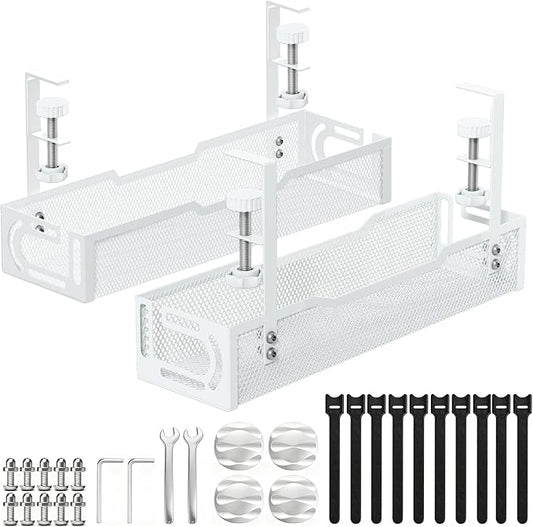 2Pack Under Desk Cable Management Tray, No Drill Mesh Desk Cable Tray, Wire Management Tray Cable Management Rack, Wire Organizer and Cable Management Box (White)