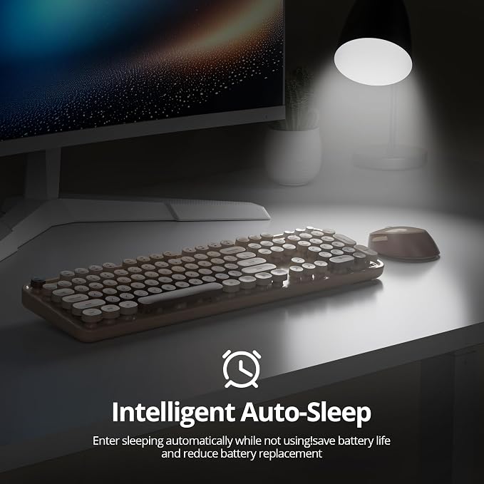 GTSP Retro Wireless Typewriter Keyboard and Mouse Combo, 2.4GHz Full-Size Cute Office Computer Keyboard with Round Keycaps for Desktop Laptop and PC (Colorful Brown)
