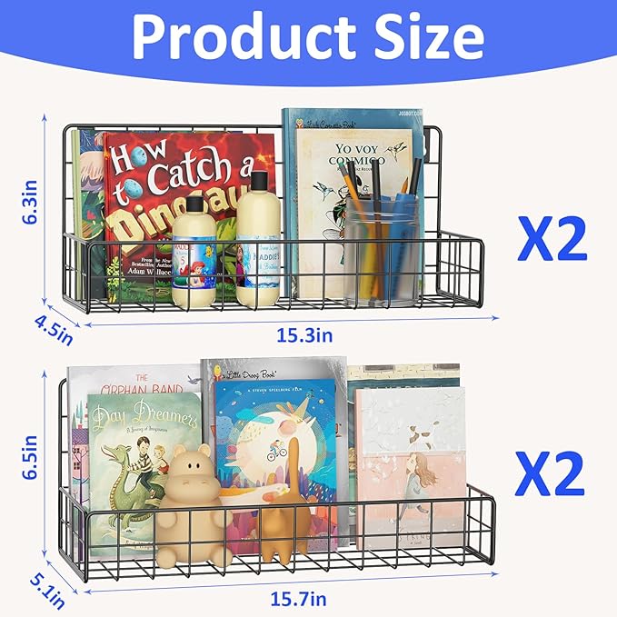 MFTEK Wall Mounted Metal Kids Bookshelf - Wall Book Shelf for Kids Rooms, Hanging Book Shelves Organizer for Room Decor, Nursery Classroom Home Floating Bookshelves Gloss Black 4 Pack