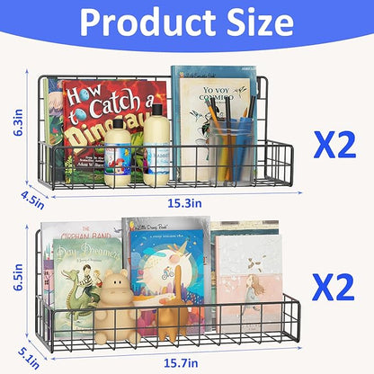 MFTEK Wall Mounted Metal Kids Bookshelf - Wall Book Shelf for Kids Rooms, Hanging Book Shelves Organizer for Room Decor, Nursery Classroom Home Floating Bookshelves Gloss Black 4 Pack