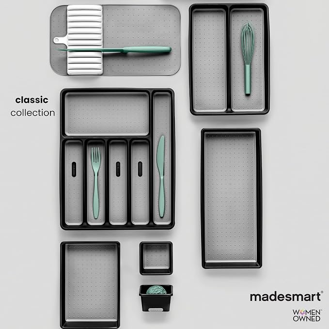 madesmart 4 Compartment Drawer Organizer, Multi Purpose Storage for Utensils, Office Tools, Cords, & Small Household Items, Tech Accessories, Arts & Crafts Supplies, Non Slip Lining, White