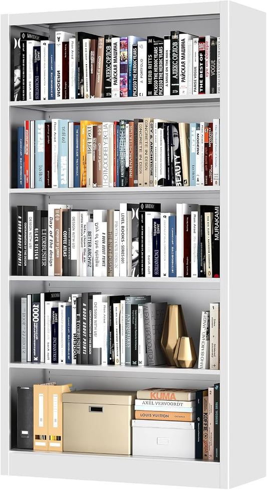 OSEILLC Bookcase,5 Tier Bookshelf,55" Tall Free Standing Metal Bookcase with Adjustable Storage Shelves,Wide Bookshelf for Bedroom Living Room Home Office School (White)