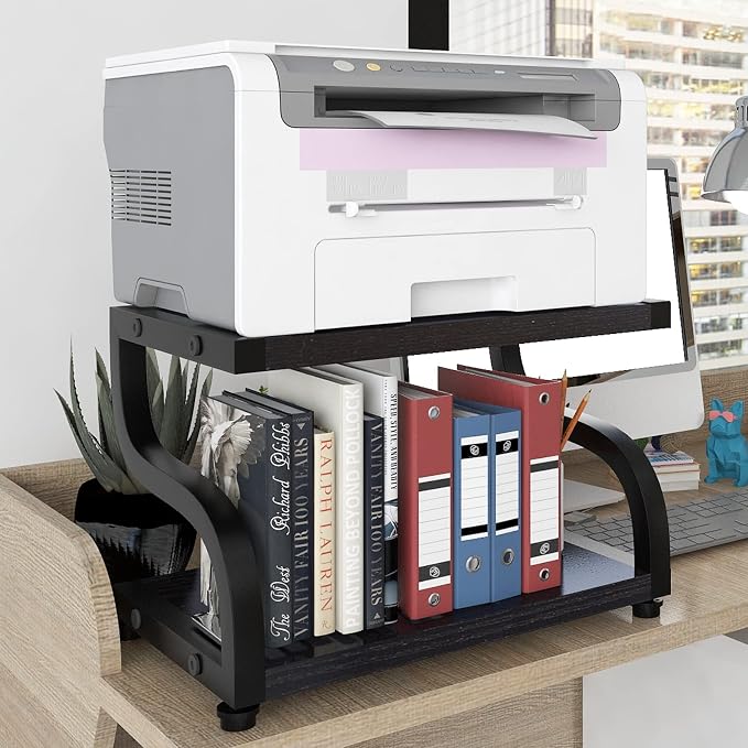 PUNCIA 2 Tier Wood Printer Stand with Storage Heavy Duty Desktop Shelf | Black Modern Minimalist Style Fits Laser Printers Copiers Fax Machines, Organizer for Home Office Dorm Small Spaces