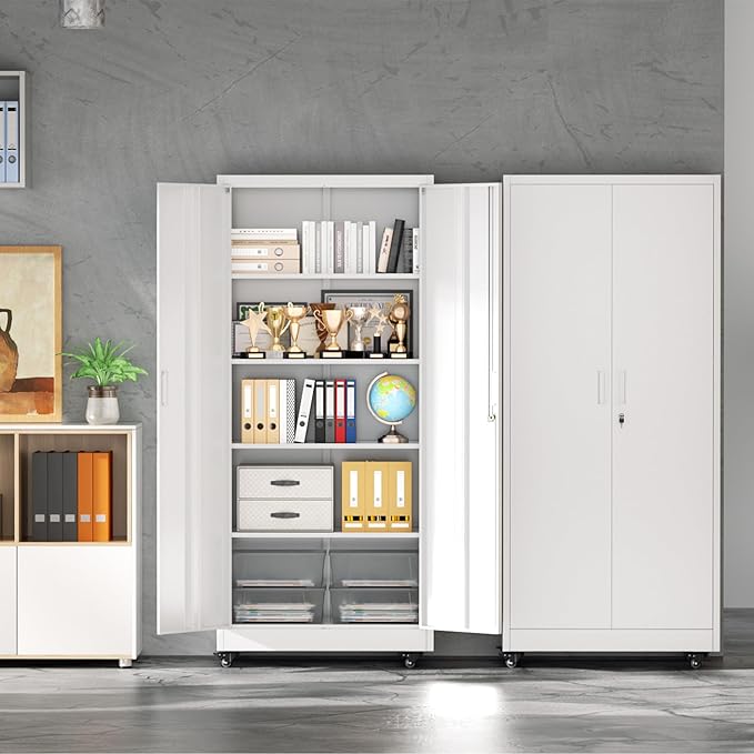 INTERGREAT Metal Storage Cabinet with Wheels, 73" Garage Storage Cabinet with Door and 4 Shelves, Tool Cabinet on Caster for Home, Office, White