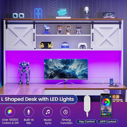 SEDETA 67" Farmhouse L Shaped Desk with Hutch, Home Office Desks with Drawers & Sliding Doors, Corner Computer Desk with Storage Shelves & Power Outlets, Executive Desk with LED Lights, White+Brown