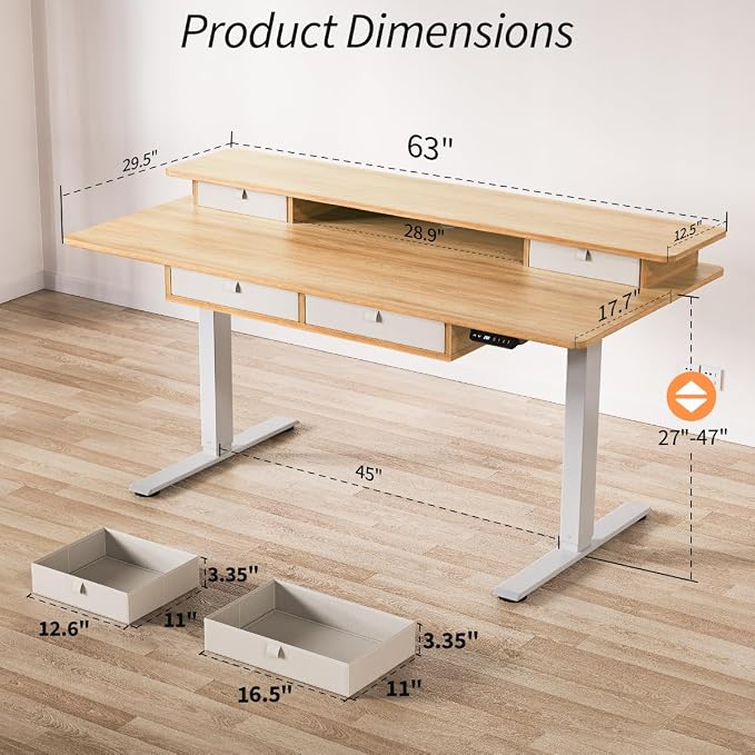 Kingant 63 x 30 Inch Electric Standing Desk with 4 Drawers, Adjustable Height Computer Desk for Home Office, Large Workstation Sit Stand Up Desk with Built-in USB A/C Ports, Nature