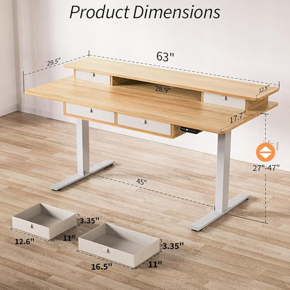 Kingant 63 x 30 Inch Electric Standing Desk with 4 Drawers, Adjustable Height Computer Desk for Home Office, Large Workstation Sit Stand Up Desk with Built-in USB A/C Ports, Nature