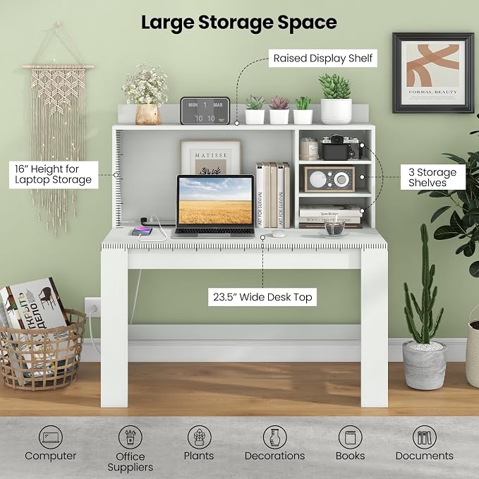 GOFLAME Computer Desk with Hutch, Home Office Desk with 2 Power Outlets, USB & Type-c Charging Ports, 3 Storage Shelves, Cable Hole, Writing Desk, Modern White Laptop PC Desk for Study, Office