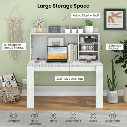 GOFLAME Computer Desk with Hutch, Home Office Desk with 2 Power Outlets, USB & Type-c Charging Ports, 3 Storage Shelves, Cable Hole, Writing Desk, Modern White Laptop PC Desk for Study, Office
