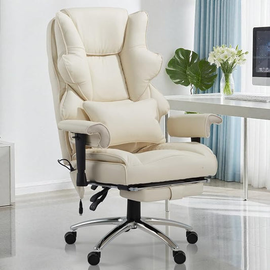 Massage Office Chair with Foot Rest, Ergonomic Executive Heated Office Chair with Reclining Backrest, Adjustable Arms and Lumbar Support, High Back Leather Desk Chairs for Home Office, Beige